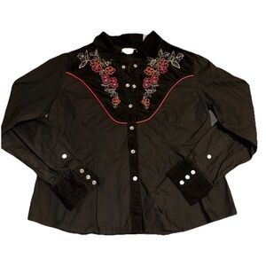 Vtg Black Western Shirt Pearl Snap button up corduroy Embroidered Floral collar